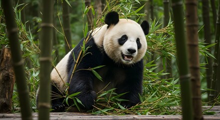 Fototapeta premium Charming panda bear in bamboo forest, displaying a friendly and relaxed expression.