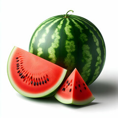 Whole Watermelon with Triangular Slice Showing Flesh,watermelon isolated on white background, clipping path, isolated on a white background,Slice of watermelon isolated on transparent background.