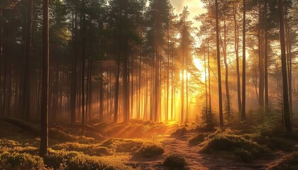 Obraz premium Sunrise in the Forest with Tall Trees and Sunlight Filtering Through