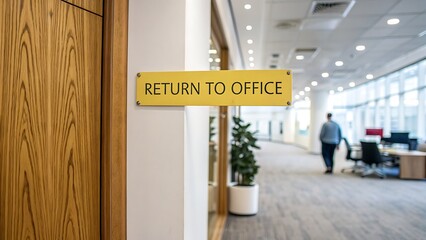 Return to Office sign in modern office space bright hallway blurred background worker in distance