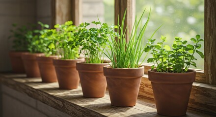 Fototapeta premium Sunlit Kitchen Herbs in Pots
