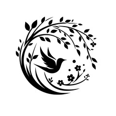 Serene Bird Silhouette in Floral Circle, Black & White Vector