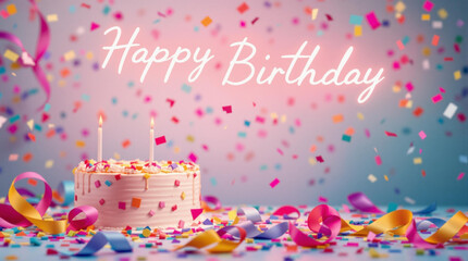 'Happy Birthday' greeting card featuring a beautifully detailed cake adorned with lit candles, surrounded by colorful ribbons and multicolored confetti.