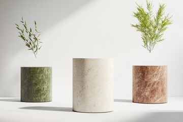 Three cylinder podiums with greenery