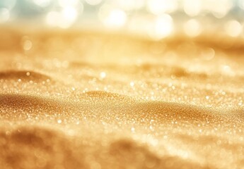 Close-Up of Golden Sandy Beach with Blurred Summer Background, Soft Focus and Bokeh Effect for Travel, Vacation, Spa or Nature Concept with Copy Space