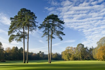 Two tall pines stand majestically on a lush green field under a bright blue sky with scattered clouds
