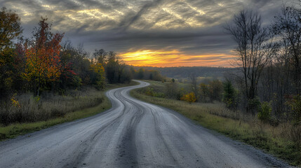Obraz premium Autumn Sunset Country Road With Winding Path