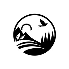 Nature Icon: Mountain Landscape with Bird and Sunrise, Circular Logo