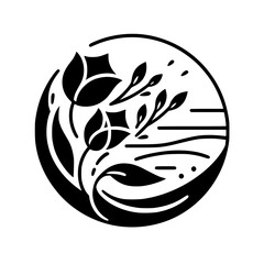 Floral Emblem in Circle, Black and White Minimalist Design