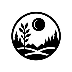 Minimalist Black & White Landscape Logo, Nature Scene in Circle