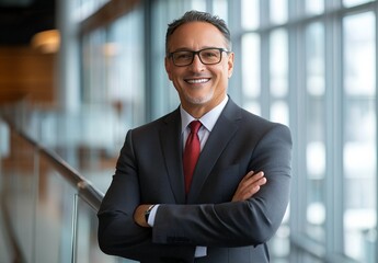 Confident Middle-Aged Businessman in Gray Suit and Red Tie Standing with Arms Crossed in Modern Glass Office Building