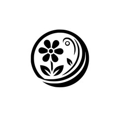 Minimalist Floral Emblem Design, Black on White, Circle Composition
