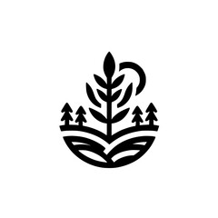 Minimalist Nature Logo: Plant, Trees, and Sun, Black and White