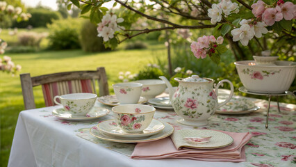 Fototapeta premium Elegant Outdoor Tea Party With Floral China In A Blooming Garden Setting