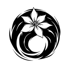 Stylized Flower in Circle, Black & White, Vector Illustration