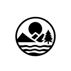 Minimalist Circular Landscape Icon: Mountains, Sun, Tree, & Lake