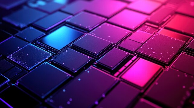 Futuristic array. Glowing squares with purple, blue, and pink light