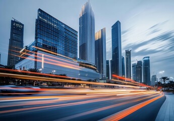 Fototapeta premium Long-Exposure Cityscape with Skyscrapers and Light Streaks of Cars