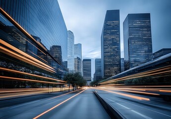 Fototapeta premium Long-Exposure Cityscape with Skyscrapers and Light Streaks of Cars
