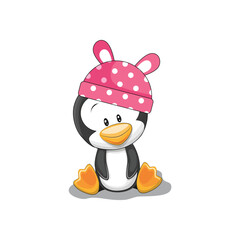 Vector illustration of cartoon penguin with pink hat.  Cartoon print. T-shirt graphics for children