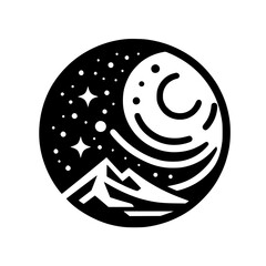 Night Sky Circle: Minimalist Moon & Mountain Design