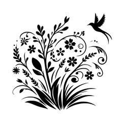 Floral Silhouette with Bird: Elegant Black and White Illustration