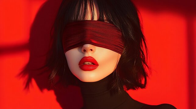 Woman's face with red blindfold and lips against red background, dramatic lighting