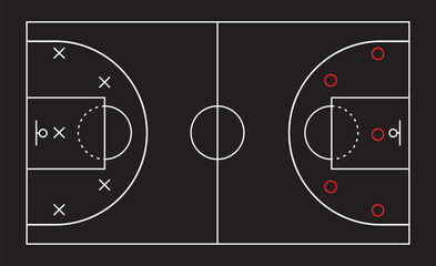 Fototapeta premium Basketball strategy field, game tactic . Hand drawn basketball game scheme, learning blackboard, vector illustration.