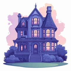 Fototapeta premium Victorian Mansion Exterior at Night: Classic Architecture in a Whimsical Fairytale Scene