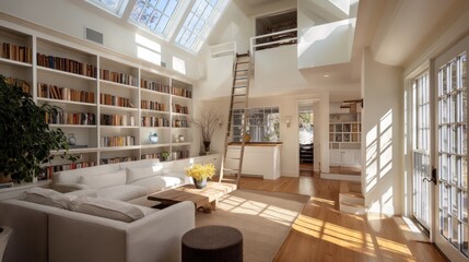 Bright sunlit home library with ladder and skylights  