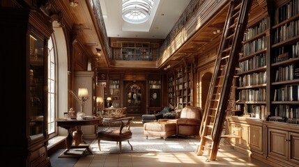 Bright sunlit home library with ladder and skylights  