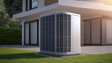 Modern heat pump system installed outside contemporary smart home
