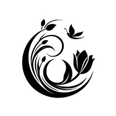 Elegant Floral Silhouette with Butterfly, Black and White Design