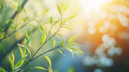 Delicate Willow Branches with Fresh Green Leaves, Soft Sunlight, Blurred Spring Blossoms, Serene Natural Scene
