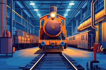 Retro Train Station with Vintage Locomotive. Industrial Warehouse Interior at Night with Orange Light and Shadows - A Digital Artwork Exhibition