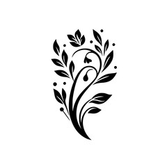 Elegant Floral Silhouette: Black Leaves & Curving Stem on White