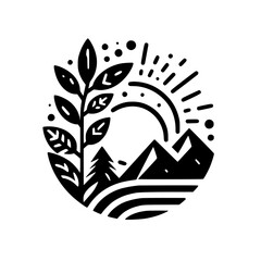 Monochromatic Nature Icon: Mountain, Tree, Sun Emblem