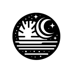 Celestial Nightscape: Moon, Stars, & Sun Silhouette in Circle