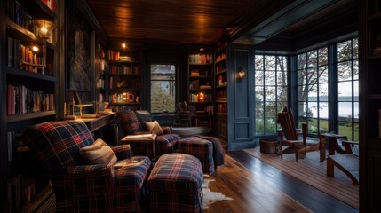 Classic country library with built-in shelves and tartan arm chairs Lake side deck lounge with Adirondack chairs and ambient lighting  