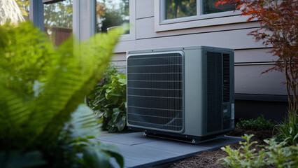 Energy-efficient heat pump unit outside residential house surrounded by garden plants
