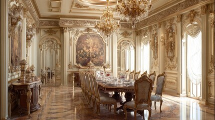 Classic French dining room with ornate chandeliers and antique wall moldings 