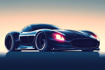 Modern Black Sportscar on Road at Dusk Sleek Design and Luxury Performance in a Futuristic Setting