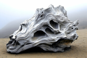 Gnarled Driftwood Log On Sandy Beach