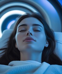 Fototapeta premium Woman undergoing MRI scan in a futuristic medical imaging machine, lying still inside a circular scanner tunnel, representing advanced diagnostic healthcare technology 