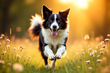 Fototapeta premium Dog Looking Back In A Field With Golden Grass Glowing In The Sunlight