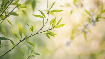 Obraz premium Delicate Willow Branches with Fresh Green Leaves, Soft Sunlight, Blurred Spring Blossoms, Serene Natural Scene 