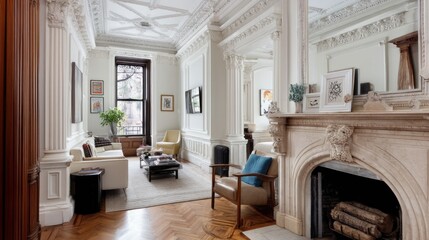Classic New York brownstone interior with fireplace and crown moldings  