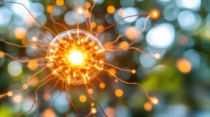 Glowing orb with filaments, bokeh green background, energy radiates outward