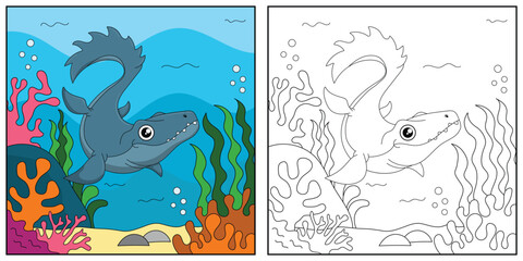 cute cartoon mosasaurus, funny illustration, coloring book for kids and children.