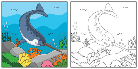 cute cartoon narwhal, funny illustration, coloring book for kids and children. © styo